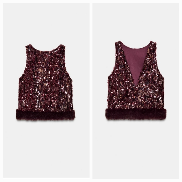 Zara Set Sequin Barrel Pants & Top With Faux Fur Hem NWT - Picture 15 of 16
